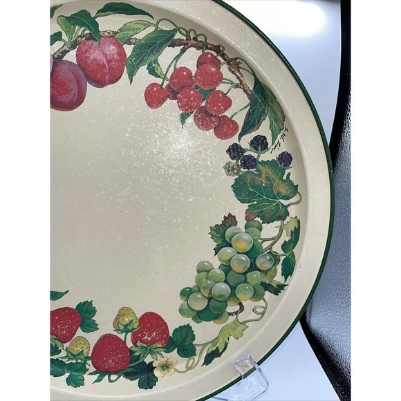 Vintage Potpourri Press Metal Tray Summer Fruits 1991 Green Red Peach 13.5” - Picture 2 of 12
